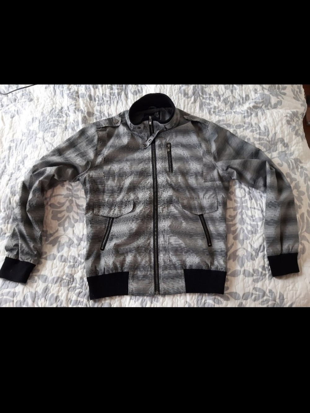 Moschino Gray Patterned Zip-Up Jacket with Black Trim